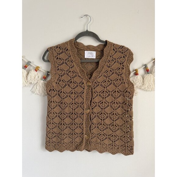 Zara Other - Zara Kids Crochet Open Knit Button Down Sleeveless Cardigan Brown Cottage 9/10